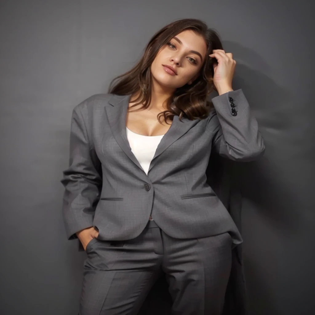 woman in a gray suit posing for a picture with her hand on her head, girl in suit, girl in a suit, woman model, woman in business suit, wearing fashion suit, wearing a business suit, stylish suit, business clothes, elegant suit, wearing business suit, business suit, in a business suit, business woman, suit, in a suit, tailored clothing