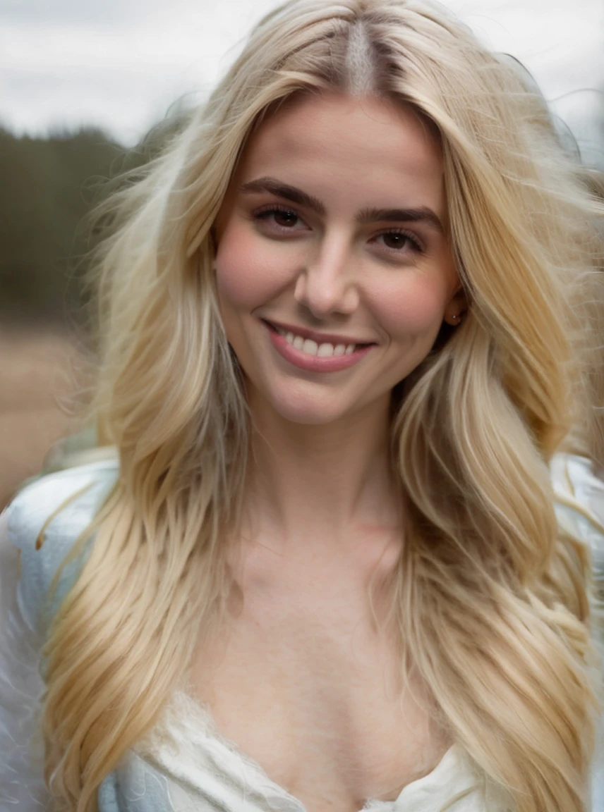 A 23-year-old cute looking, blonde woman with large breasts in a hyperrealism style. high resolution image, She has blonde hair with light brown roots. Her hair is long, worn in a ponytail. she has blue eyes, and a tiny nose. She is beautiful and in the front view of a selfie taken with an iPhone. She is wearing a tight white T-shirt and short jean shorts, sitting in a car, big cleavage.