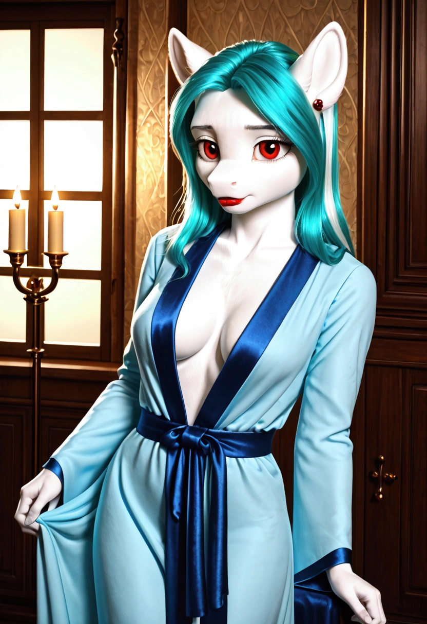 My little pony, (anthro), turquoise to white hair gradient, white body, red eyes, medium breasts, red lips, perfect lines, beautiful quality, room, very shy, wizard robe, radiant light