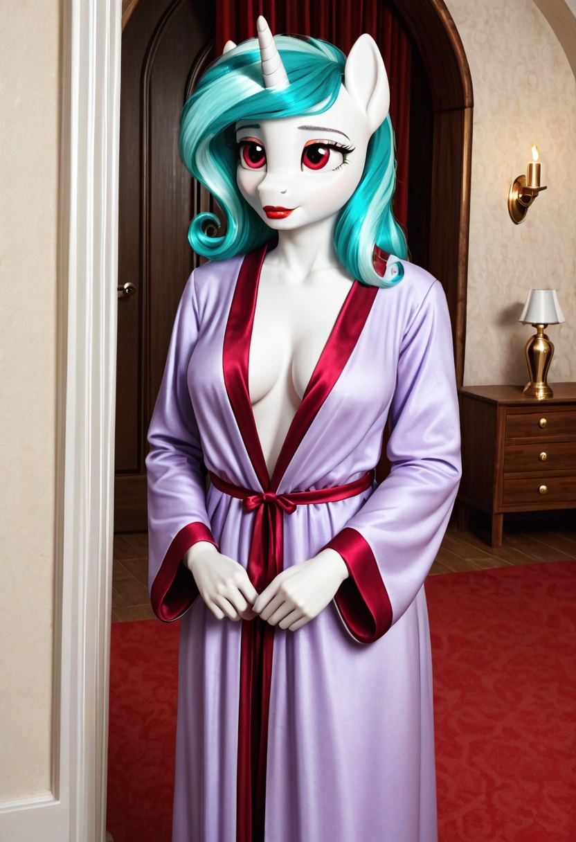 My little pony, (anthro), turquoise to white hair gradient, white body, red eyes, medium breasts, red lips, perfect lines, beautiful quality, room, very shy, wizard robe, radiant light