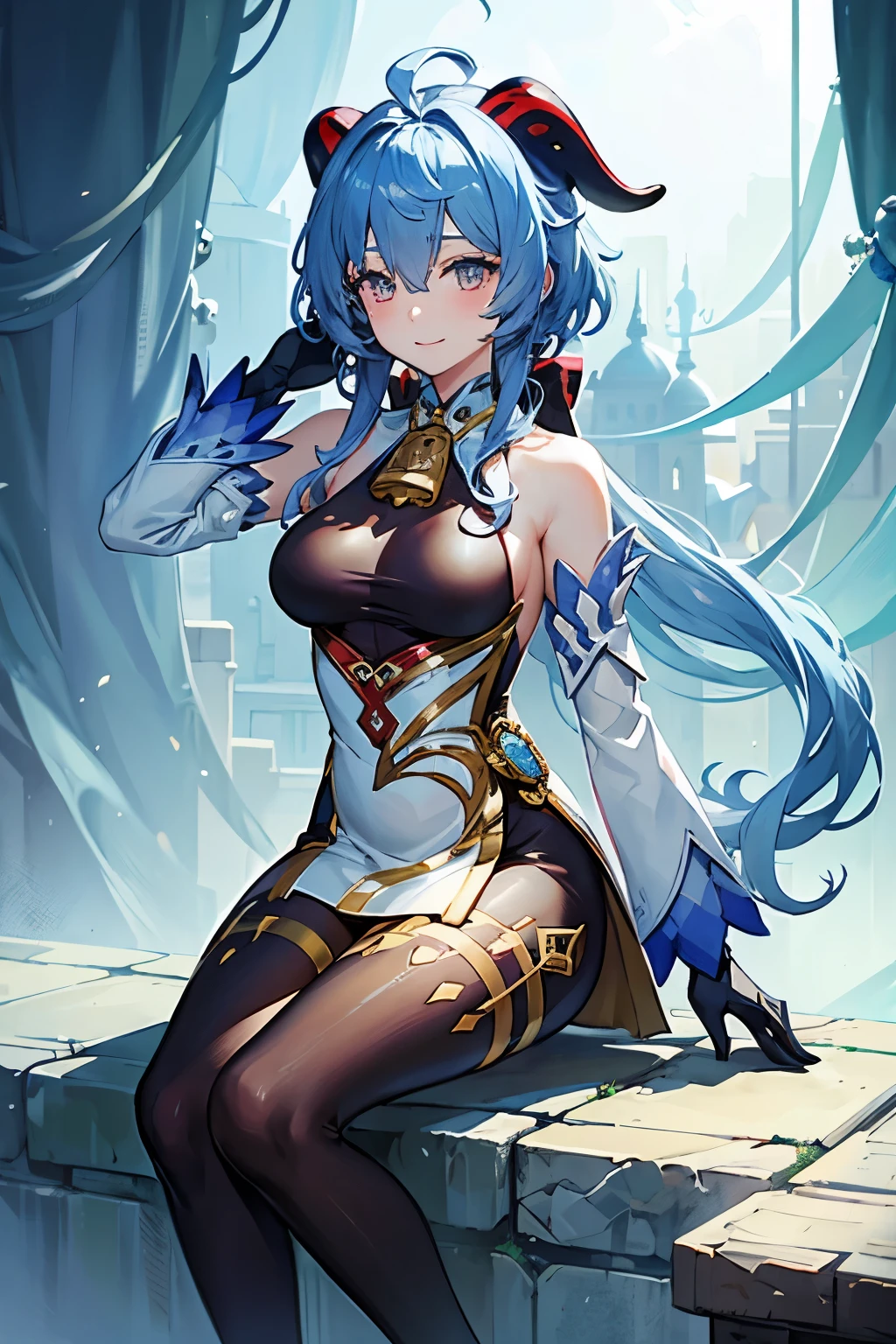 masterpiece, best quality, 1girl, ganyu, smile, sitting, full body, light blue hair, detalied pupils, detailed eyes, perfect pupils