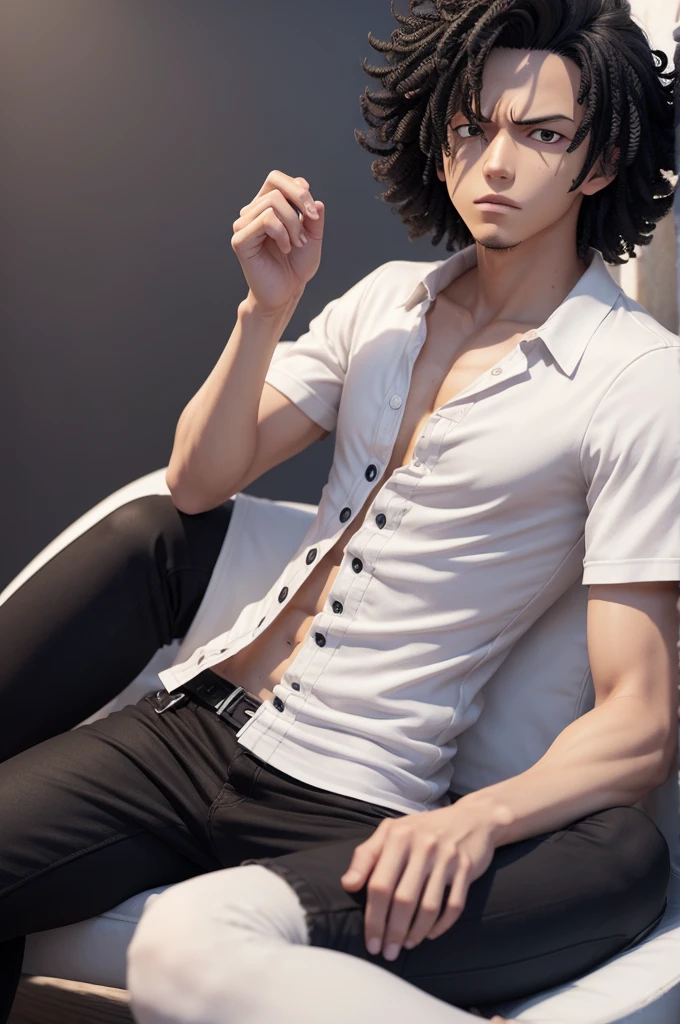 Personagem de one piece em 3D, the character is a boy, White-colored skin, black curly curly hair