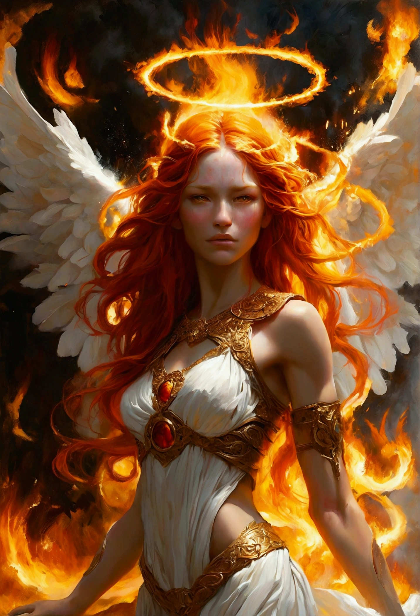 Create a detailed and expressive painting of a fire goddess with long red hair in the foreground. The goddess should be centred in the image with her head slightly tilted back, her eyes shows a great expression of sadness, longing and anger with tears rolling down her cheeks in gold on her face; it reflects the intensity of emotions as in Cabanel's portrait of The Fallen Angel. His face should be centred to the camera. His shoulders should be visible, while the rest of his body remains outside the frame. The background should feature the element of fire that makes a crown of ashes behind his head, composed of a icon sunny devastation element in dark orange and dark yellow tones as the flames extinguished that create an intense, radiant effect against a black background. The background should be powerful, showing her fury and energy, giving a juxtaposition between the expression of the goddess's face and the chaos background. The hair should give a sense of movement and energy like wind. Use dramatic lighting to highlight the face and hair of the goddess, creating a strong contrast with the fiery background. The artistic style should focus on intricate details and ethereal elements, ensuring that the overall composition appears divine and otherworldly. Maintain the warmth of the colours and fine textures to faithfully replicate the image provided, allowing the figure to be substituted for another while retaining the background and overall style. 