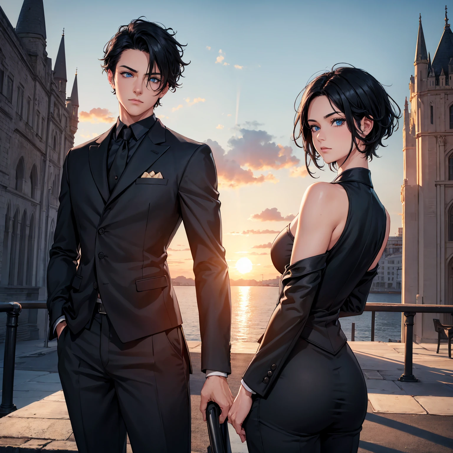 1boy, short black hair, light blue eyes, wearing all black suits, castle, sunset, high res, ultrasharp, 8k, masterpiece, looking at viewer from behind