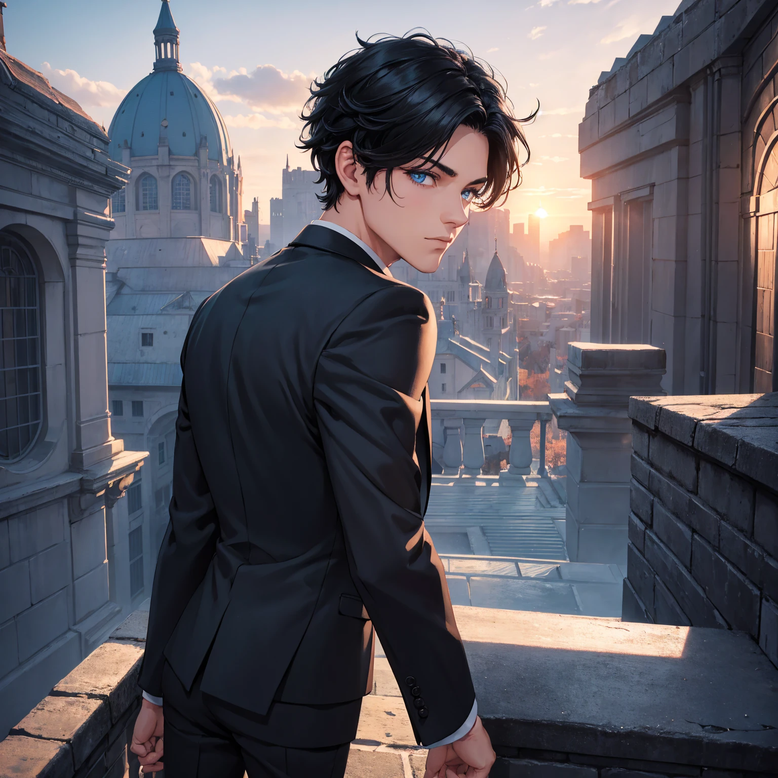 1boy, short black hair, light blue eyes, wearing all black suits, castle, sunset, high res, ultrasharp, 8k, masterpiece, looking at viewer from behind