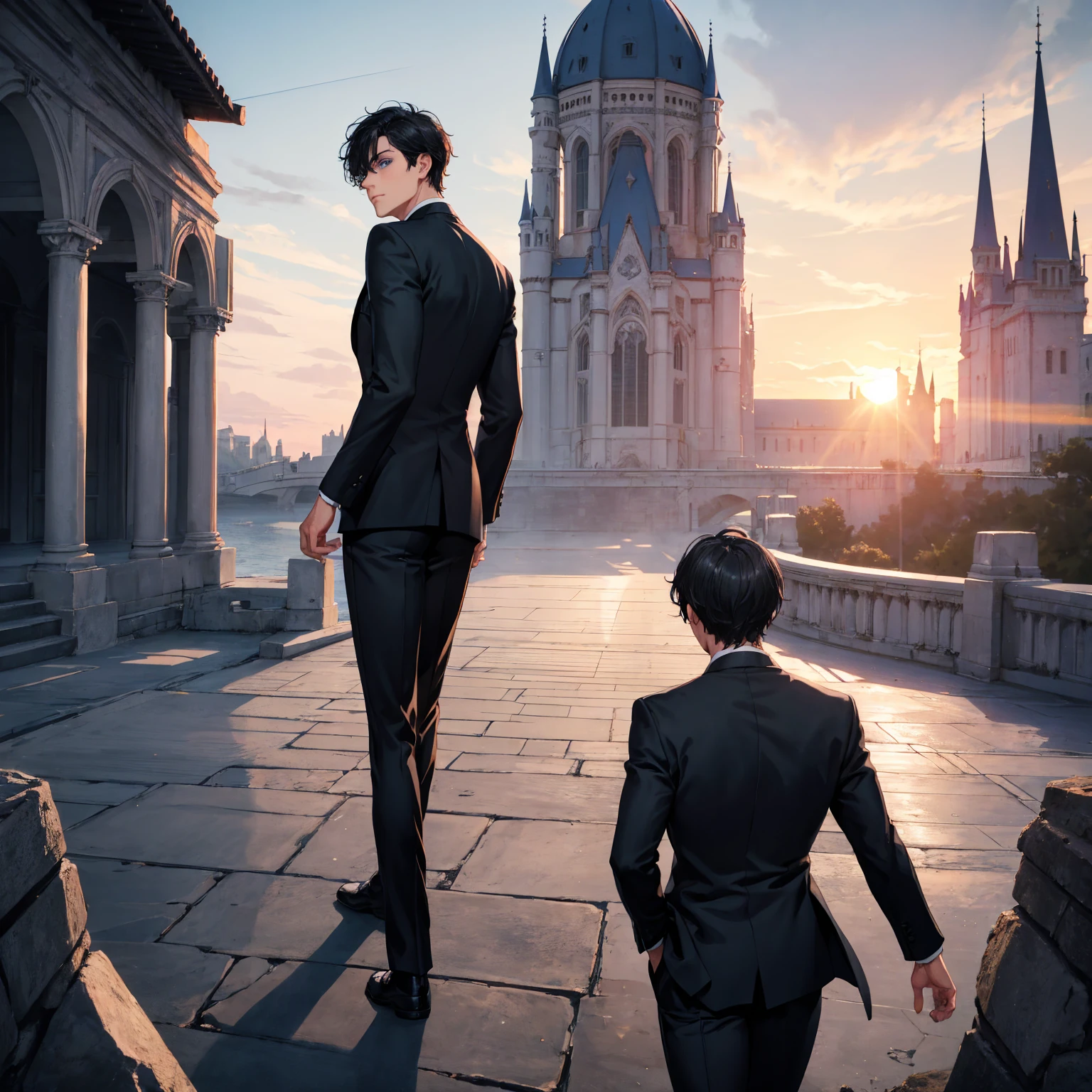 1boy, short black hair, light blue eyes, wearing all black suits, castle, sunset, high res, ultrasharp, 8k, masterpiece, looking at viewer from behind