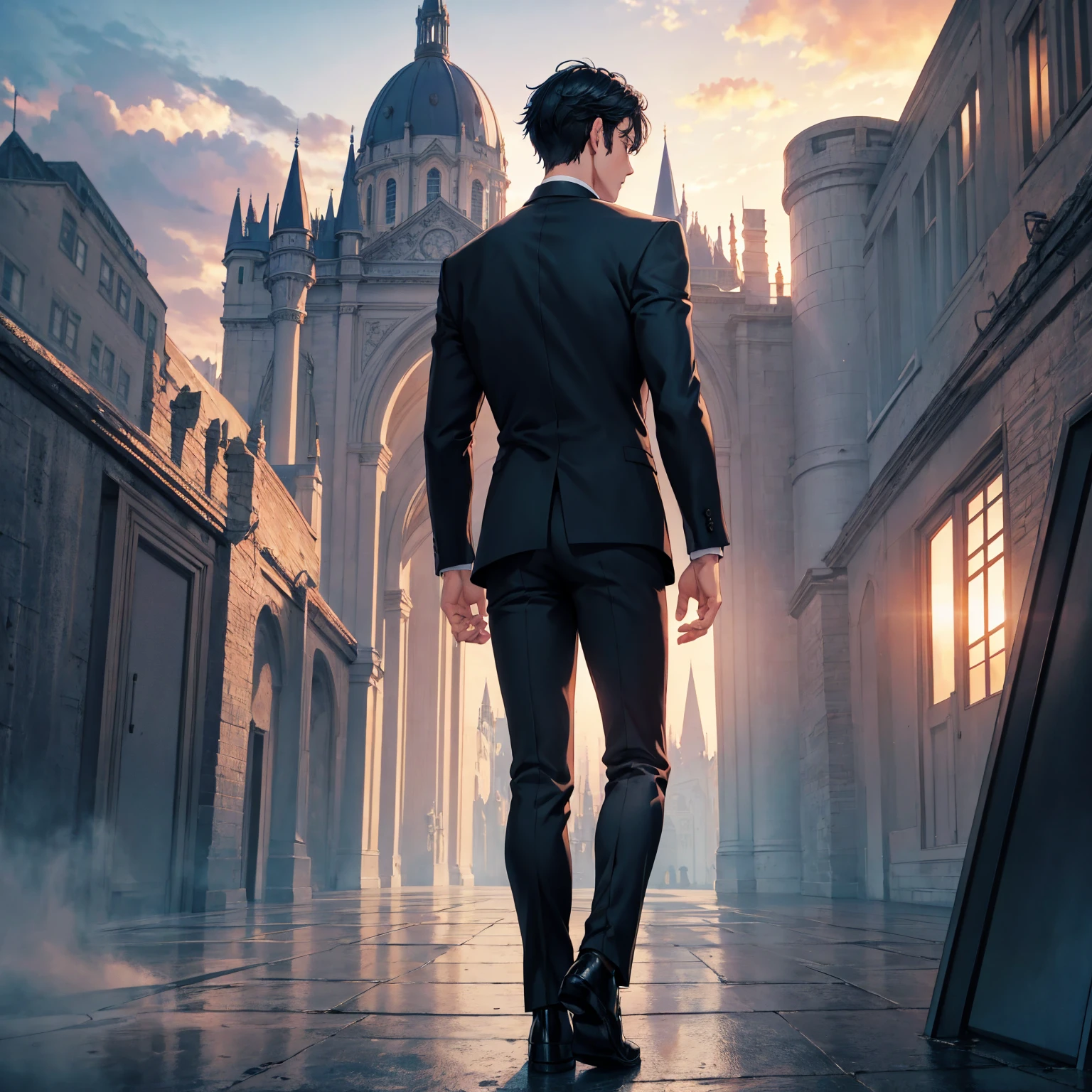 1boy, short black hair, light blue eyes, wearing all black suits, castle, sunset, high res, ultrasharp, 8k, masterpiece, looking at viewer from behind