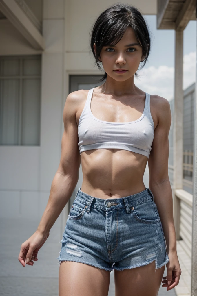 1girl, 9-years-old, short black hair, blue eyes, wearing plain white shirt, denim shorts, city, absurdres, high res, ultrasharp, 8K, masterpiece, looking at viewer, white crop top, strong arms, muscular thighs, ripped muscles, six pack abs, muscle arms, muscular, flat chest,