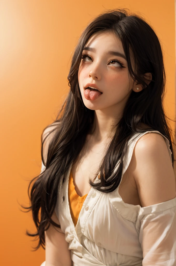 ((Realistic lighting, Best quality, 8K, Masterpiece: 1.3)), Clear focus: 1.2, femboy, Perfect Figure: 1.4, Slim Abs: 1.1, Super fine face, Fine eyes, Double eyelids, gasping, trembling, begging forgiveness, shocked face, scared, terrified, open mouth, deeper look, (aheago:1.5), Upper body、Big eyes、eyelash、((very simple orange background:1.8))、(((Black French Braid, Big eyes、flat chest、curvy、avoiding eye contact 、beautiful beauty、show me your ears、long neck、low hairline、small forehead))),Blushing, Shy smile, Embarrassed, Flushed cheeks, Timid expression, Coy look, Bashful, Sheepish grin