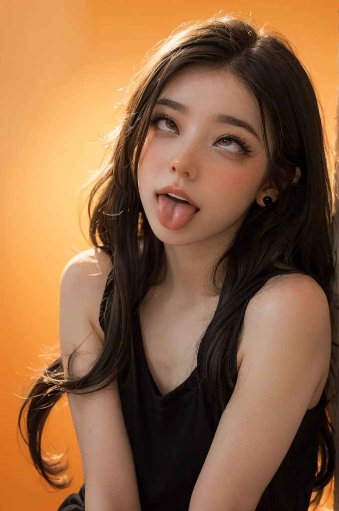 ((Realistic lighting, Best quality, 8K, Masterpiece: 1.3)), Clear focus: 1.2, femboy, Perfect Figure: 1.4, Slim Abs: 1.1, Super fine face, Fine eyes, Double eyelids, gasping, trembling, begging forgiveness, shocked face, scared, terrified, open mouth, deeper look, (aheago:1.5), Upper body、Big eyes、eyelash、((very simple orange background:1.8))、(((Black French Braid, Big eyes、flat chest、curvy、avoiding eye contact 、beautiful beauty、show me your ears、long neck、low hairline、small forehead))),Blushing, Shy smile, Embarrassed, Flushed cheeks, Timid expression, Coy look, Bashful, Sheepish grin