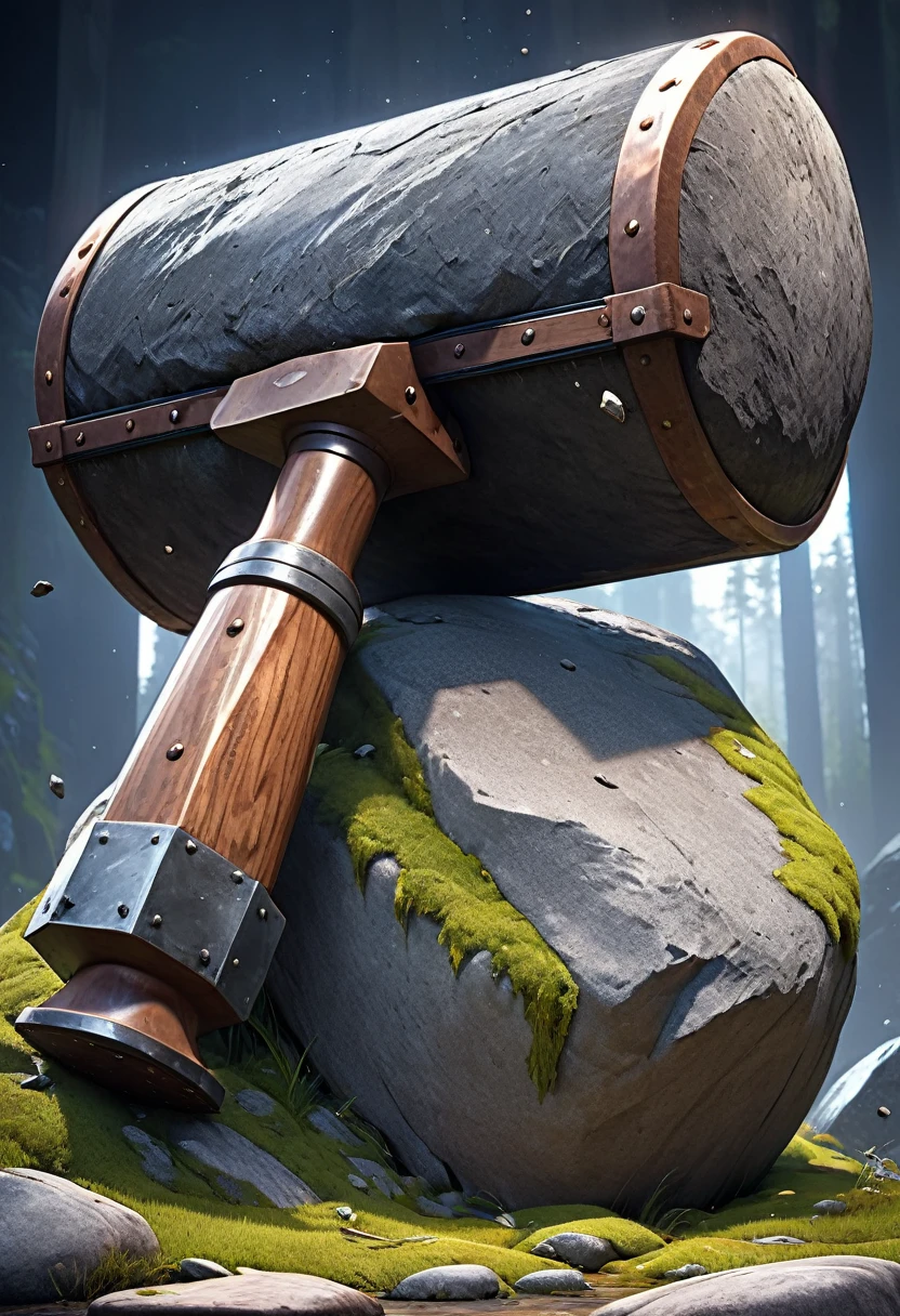 masterpiece, 8k, best quality, highly detailed, a massive hammer made out of a boulder