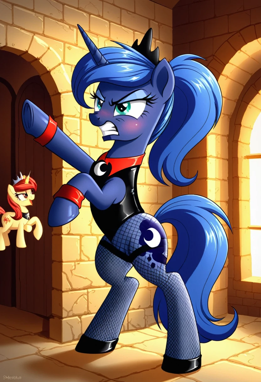 Pony  angry  Princessa luna in   in fishnet tights  b locked in a dungeon he has a muzzle on his face