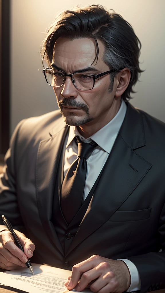 middle-aged man in black suit, wearing eyeglasses, signing document in office, (masterpiece:1.1), best quality, decadent, ultra-detailed, (by antoine blanchard and casey baugh:1.1), (by zdzislaw beksinski:0.8), extremely intricate, extreme details, ray tracing, reflections, beautiful lighting (intense illumination:1.1), (high saturation clarity contrast, deep contrast levels, clear, retouched, with color graduation:1.1), soft-lighting, cinematic