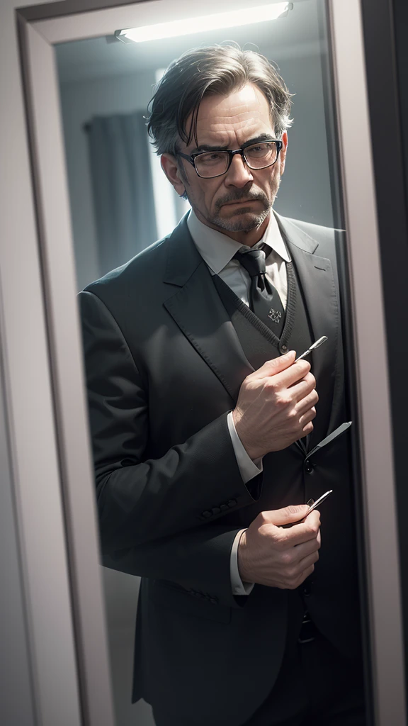 middle-aged man in black suit, wearing eyeglasses, signing document in office, (masterpiece:1.1), best quality, decadent, ultra-detailed, (by antoine blanchard and casey baugh:1.1), (by zdzislaw beksinski:0.8), extremely intricate, extreme details, ray tracing, reflections, beautiful lighting (intense illumination:1.1), (high saturation clarity contrast, deep contrast levels, clear, retouched, with color graduation:1.1), soft-lighting, cinematic