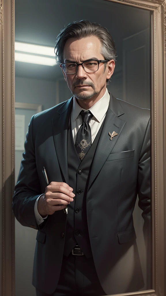 middle-aged man in black suit, wearing eyeglasses, signing document in office, (masterpiece:1.1), best quality, decadent, ultra-detailed, (by antoine blanchard and casey baugh:1.1), (by zdzislaw beksinski:0.8), extremely intricate, extreme details, ray tracing, reflections, beautiful lighting (intense illumination:1.1), (high saturation clarity contrast, deep contrast levels, clear, retouched, with color graduation:1.1), soft-lighting, cinematic