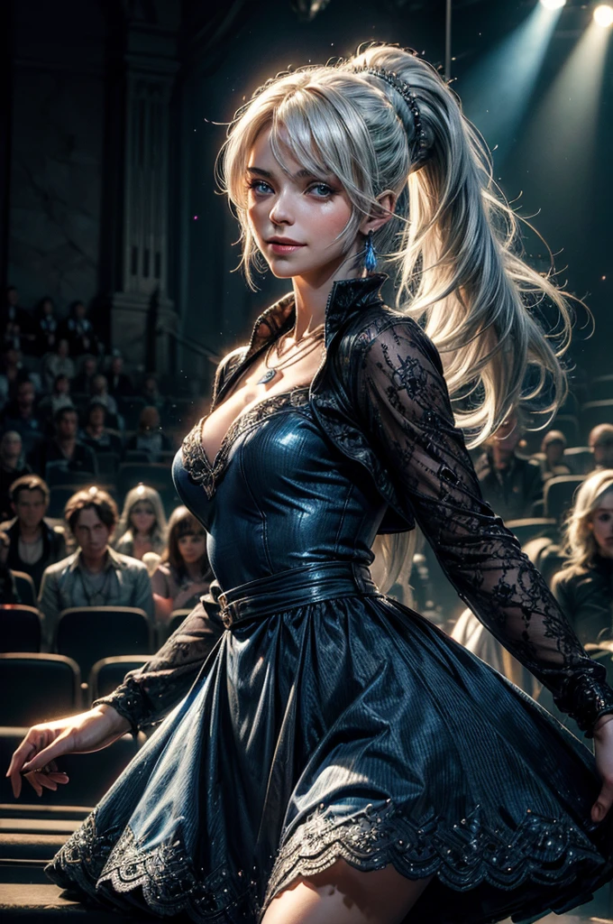 (masterpiece, best quality:1.2), cowboy shot, weissvale, smile, closed mouth, looking at viewer, long white hair, side ponytail, scar above eye, scar below eye, blue gala dress, jewelry, necklace, earrings, future_urban, standing in theater, holding microphone, orchestra, audience, crowd, (volumetric lighting), intricate details, tonemapping, sharp focus, hyper detailed
