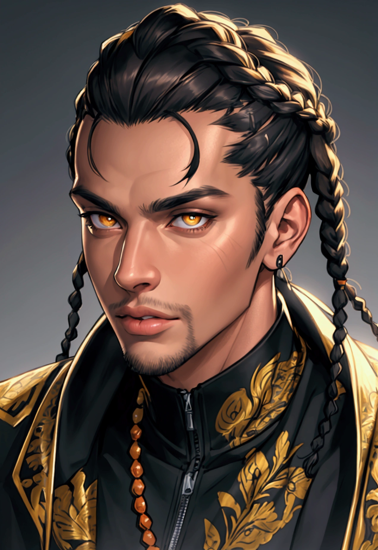 (masterpiece:1.2), (best quality), (ultra detailed), (8k, 4k, intricate),(half-body-shot:1), (highly detailed:1.2),(detailed background:1.2),((handsome face, lips)) black young man wearing a black hoodie and a turquoise shirt, orange and yellow eyes , short cornrows, side profile centered portrait, a well-groomed model, perfect detailed face, long cornrows, great detailed face