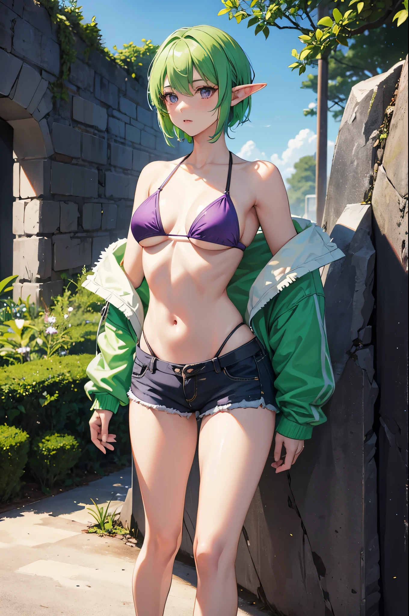 1woman, elf, light green hair, short hair, purple eyes, bikini top, shorts, jacket, standing on ground, high res, ultra sharp, 8K, masterpiece