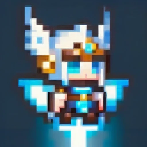 A chibi monkey female character in white and blue guardian armor from a celestial fantasy, holding a glowing shield. She has eagle wings and feathers, glowing turquoise eyes, and elegant angelic horns. The shield emits a holy light effect, and she is in a dynamic defensive pose. The artwork features cinematic lighting and moody colors, in a digital art, concept art style.
