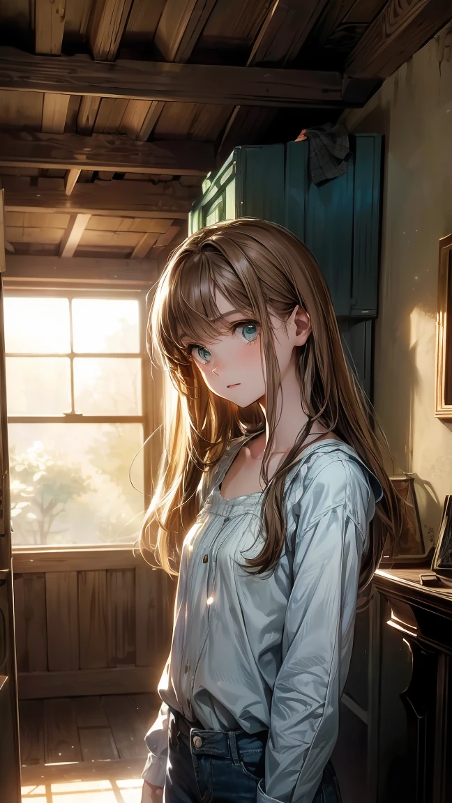 A dimly lit attic with a single shaft of light coming through a small window, filled with dusty old furniture and boxes. A named Anya, with long brown hair and green eyes, wearing a simple white blouse and blue jeans, stands at the entrance, looking curious. The atmosphere is nostalgic and mysterious.