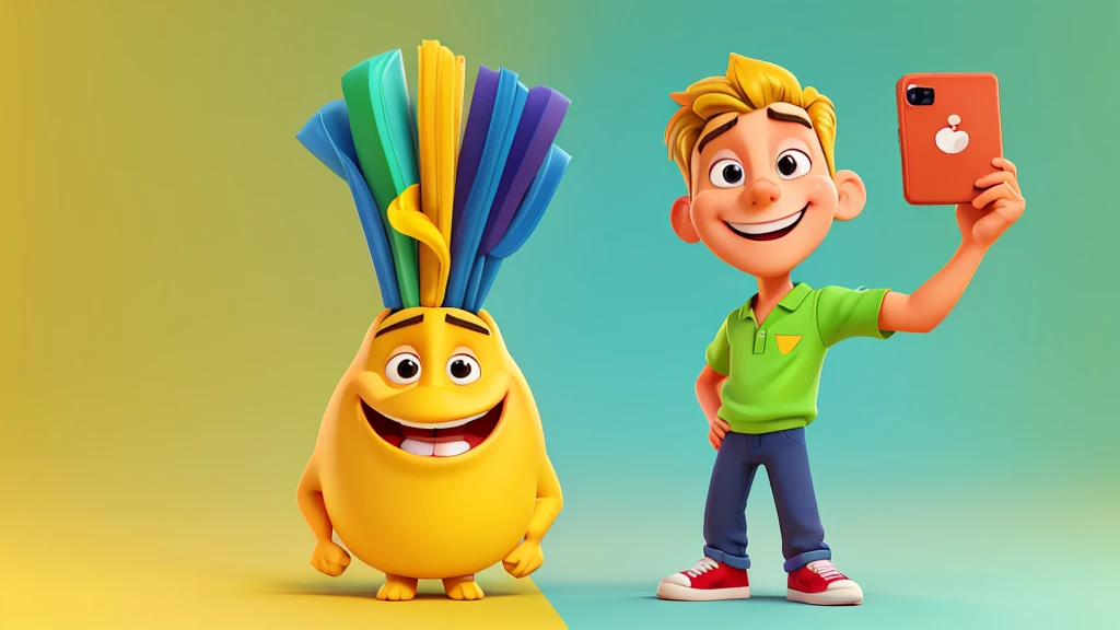 a cartoon man Posing for a selfie with a captivating smile, perfect for promoting a vibrant lifestyle, in the style of animated gifs, clean and simple designs, 3d, a predominant color of yellow --c 10 --s 250[