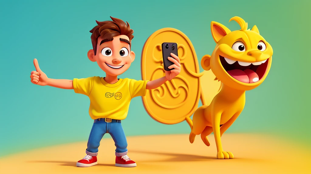 a cartoon man Posing for a selfie with a captivating smile, perfect for promoting a vibrant lifestyle, in the style of animated gifs, clean and simple designs, 3d, a predominant color of yellow --c 10 --s 250[