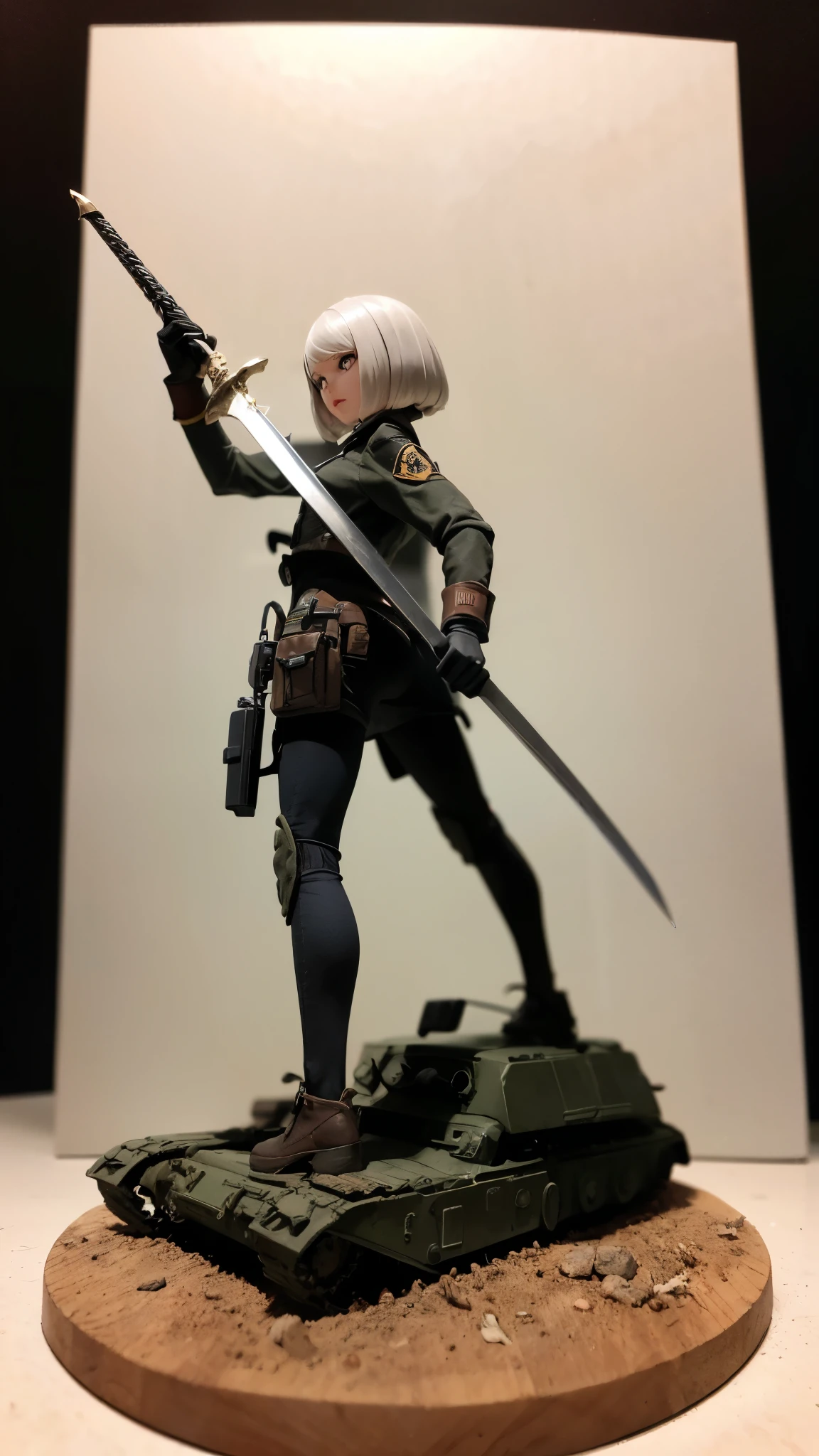 Masterpiece, Tabletop Figures, Highest quality, 4K, The face is precise(((must))), concept art, best shot, Holding a beautifully decorated long sword, Taking a stance for Iainuki, head to toe((must)), There is a pedestal at the foot, A photo taken from a low angle of a gray haired Russian girl in her early 20s, Wearing jet black protector, cutting edge protective gear,  The background is a battlefield diorama, Ilya Kuvshinov's style
