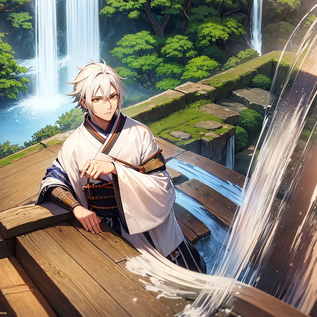 Make a 49 year old Samurai with white and dark blue striped hair and orange eyes sitting talking to a 28 year old boy with white hair and green eyes wearing a white kimono in front of a Japanese house surrounded by sakura with a waterfall in the background toned dark and medieval style