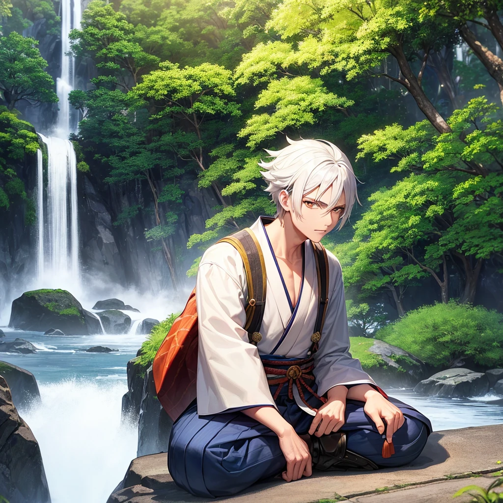 Make a 49 year old Samurai with white and dark blue striped hair and orange eyes sitting talking to a 28 year old boy with white hair and green eyes wearing a white kimono in front of a Japanese house surrounded by sakura with a waterfall in the background toned dark and medieval style