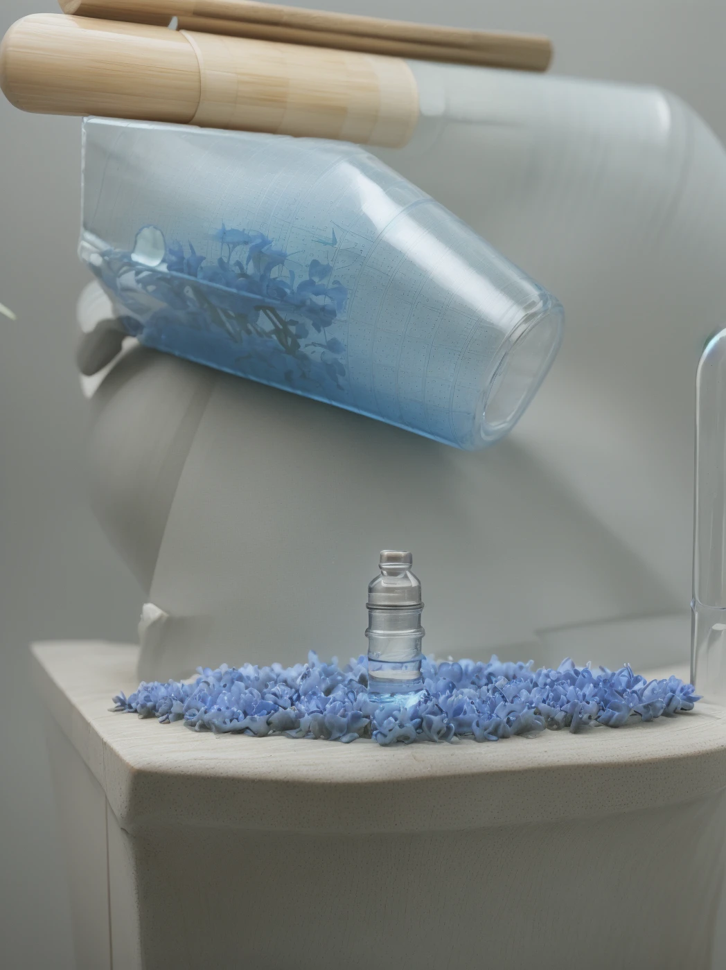 Perfectly integrates a water bottle, should have a slight curve, similar to a hip, and be a little wider than usual. The bottle must be completely transparent. Fill the bottle with water, and also fill a similar glass of water. The bottle cap must have a bamboo straw integrated into one piece. On both sides of the bottle, place blue flowers and beautiful leaves. Adjust the lighting to be hyper-realistic, with the light coming from the left side. Make sure everything appears to be in the same place at the same time. High quality image. Bring the camera closer to the bottle, make the bamboo lid with the Carrizo integrated into the design, give the bottle a rounded shape