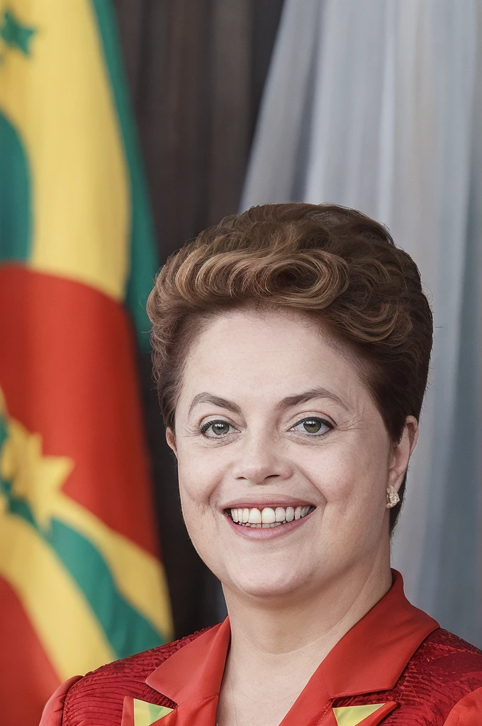 1 girl, realistic photo president of (dilm4), captivating smile, Super hero, dress, clear sky with rainbow, red uniform, Brazilian flag, brown hair, (best quality), absurd, realistic, cinematic lighting, light of the day, outdoors, professional photo, Hasselblad 50mm Lens