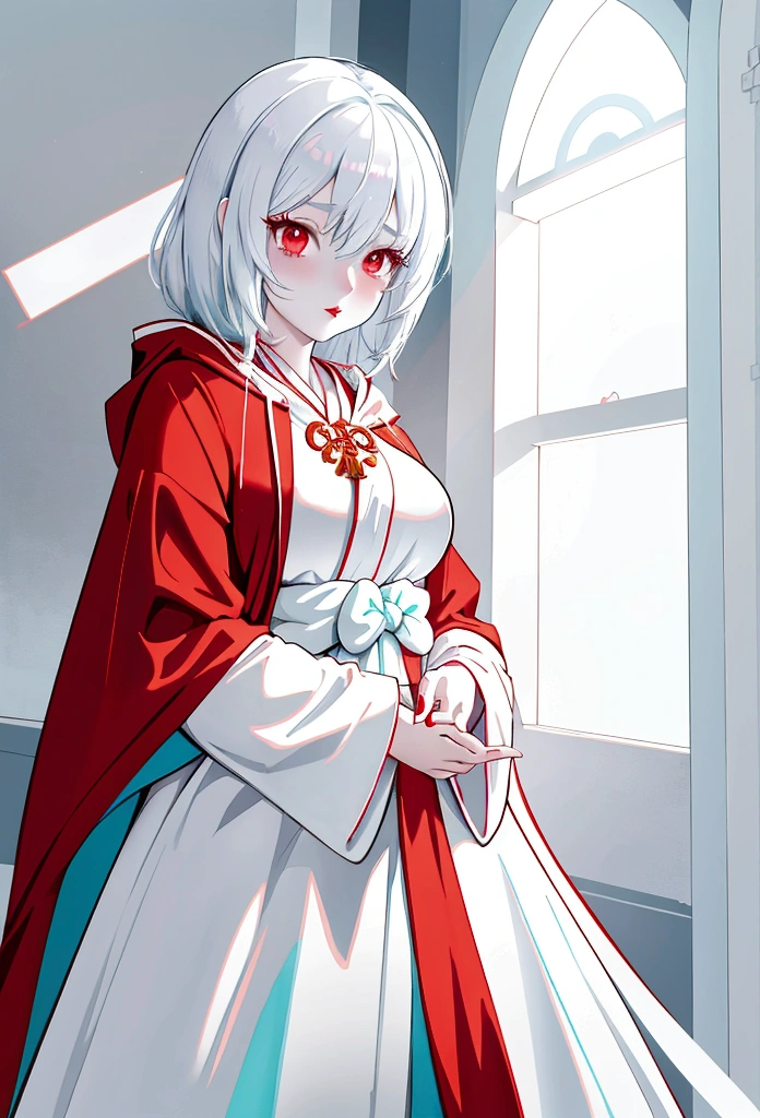 My little pony, (anthro), turquoise to white hair gradient, white body, red eyes, medium breasts, red lips, perfect lines, beautiful quality, room, very shy, ((Mage robe)), radiant light