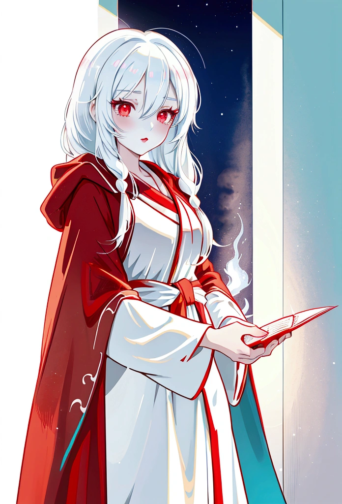 My little pony, (anthro), turquoise to white hair gradient, white body, red eyes, medium breasts, red lips, perfect lines, beautiful quality, room, very shy, ((Mage robe)), radiant light