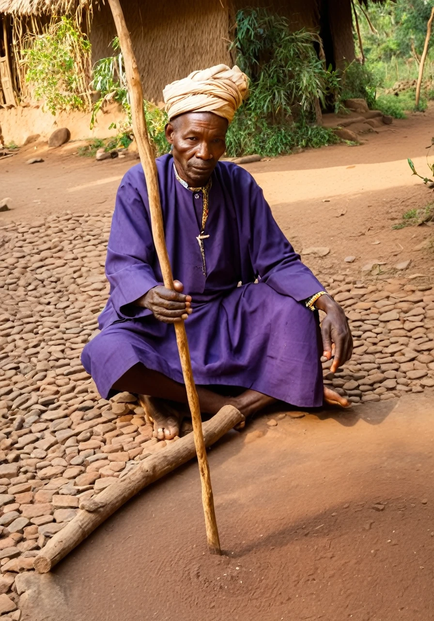 Cameroonian diviner using 4 sticks for Bamana divination, soft natural lighting, traditional village setting