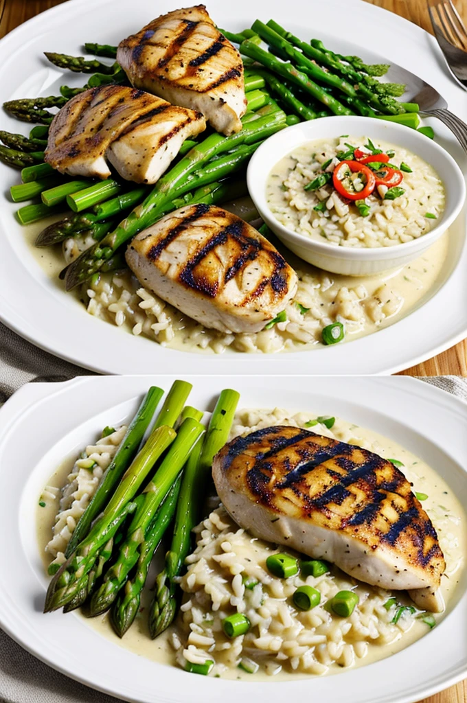 Grilled chicken in Velouté sauce with asparagus and MUSHROOM risotto.