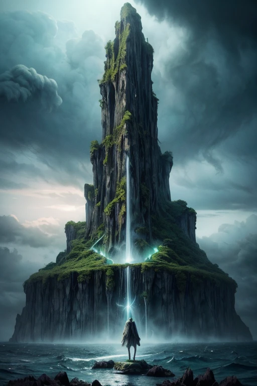 A mystical mysterious island of madness, Eldritch Island, Cyclopean Landscape island, Non Euclidean geometry island, green ocean surrounding the island, foreboding atmosphere,scary island, mystical, fantasy, digital art, intricate details, 8k, photorealistic, hyperrealistic, cinematic lighting, dramatic lighting, high quality, intricate details, masterpiece, digital art