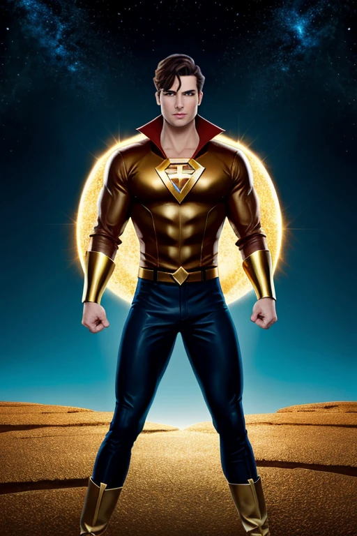 A cartoon man character with super powers 5 elements of the earth with golden leather and diamond blue eyes dark brown hair and short hair