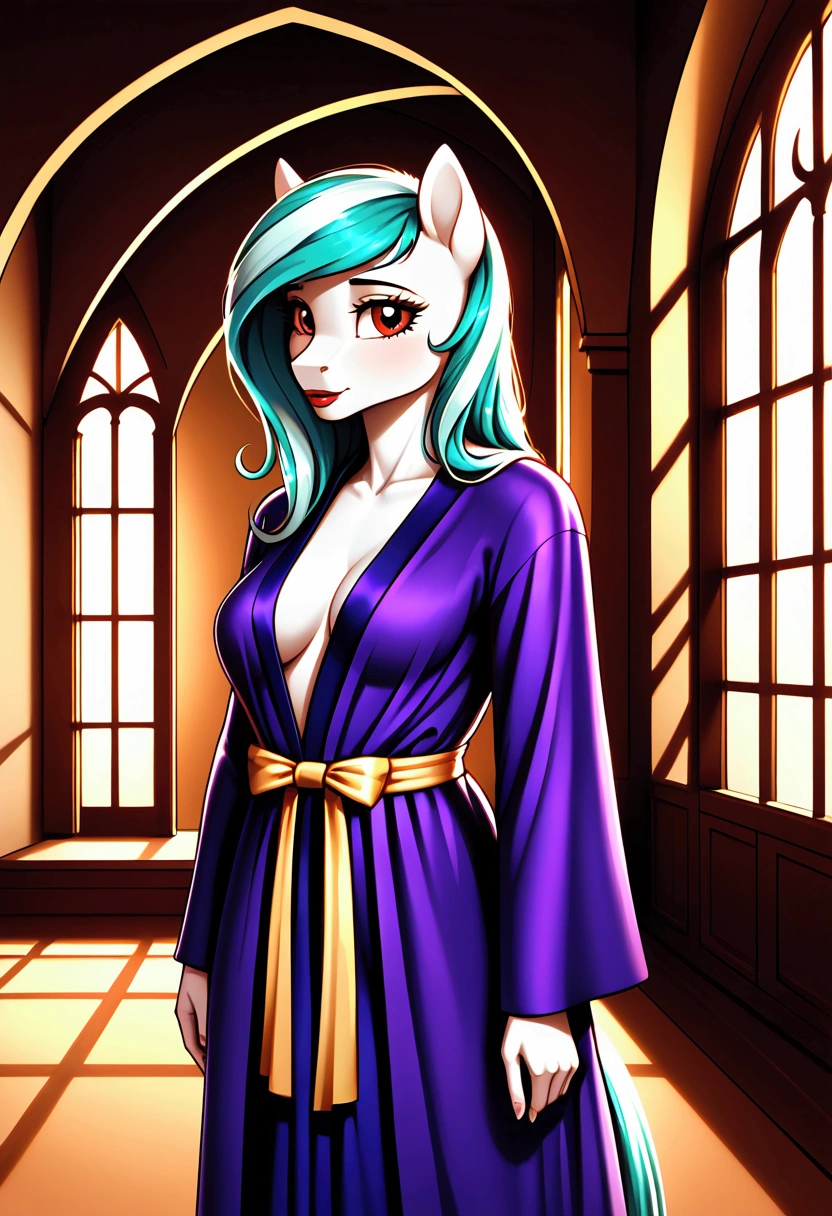 My little pony, (anthro), turquoise to white hair gradient, white body, red eyes, medium breasts, red lips, perfect lines, beautiful quality, room, very shy, ((Mage robe)), radiant light