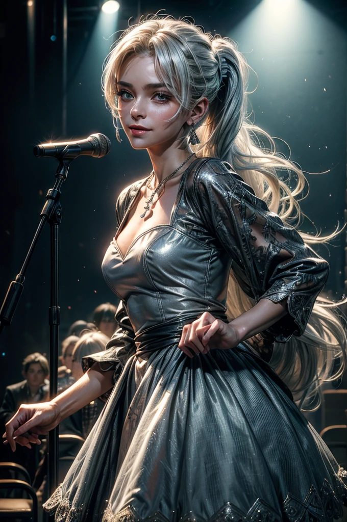 (masterpiece, best quality:1.2), cowboy shot, weissvale, smile, closed mouth, looking at viewer, long white hair, side ponytail, scar above eye, scar below eye, white gala dress, jewelry, necklace, earrings, future_urban, standing in theater, holding microphone, orchestra, audience, crowd, (volumetric lighting), intricate details, tonemapping, sharp focus, hyper detailed