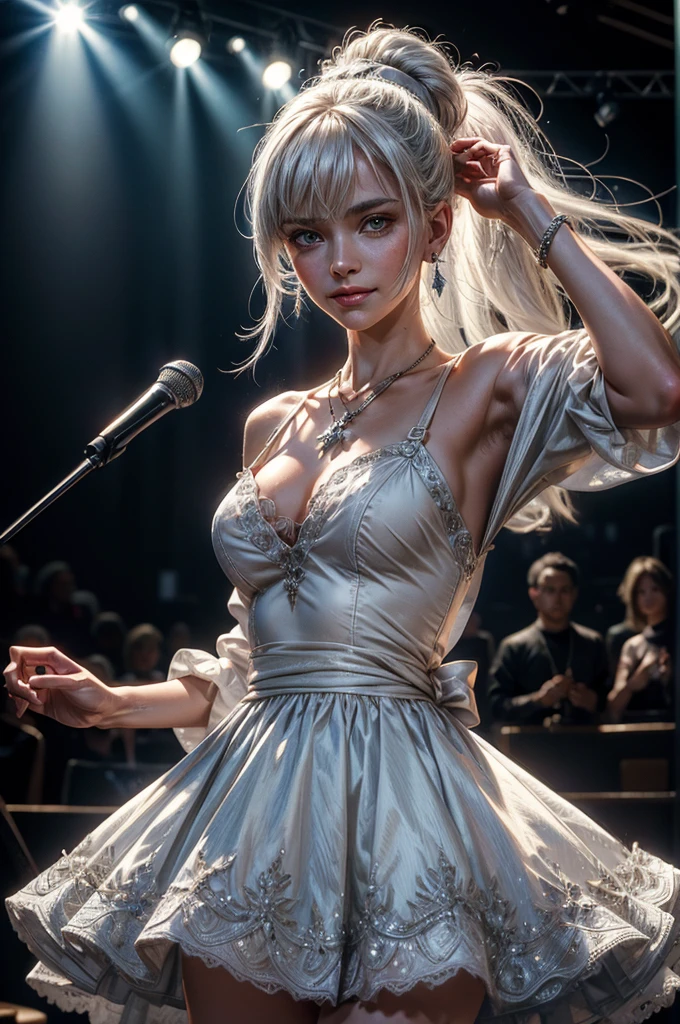 (masterpiece, best quality:1.2), cowboy shot, weissvale, smile, closed mouth,  looking at viewer, long white hair, side ponytail, scar above eye, scar below eye, white gala dress,  jewelry, necklace, earrings, future_urban, standing in theater, holding microphone, orchestra, audience, crowd, (volumetric lighting), intricate details, tonemapping, sharp focus, hyper detailed 