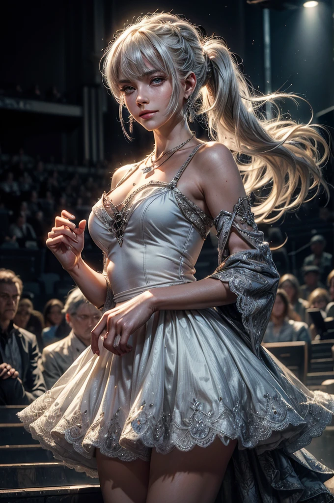 (masterpiece, best quality:1.2), cowboy shot, weissvale, smile, closed mouth, looking at viewer, long white hair, side ponytail, scar above eye, scar below eye, white gala dress, jewelry, necklace, earrings, future_urban, standing in theater, holding microphone, orchestra, audience, crowd, (volumetric lighting), intricate details, tonemapping, sharp focus, hyper detailed