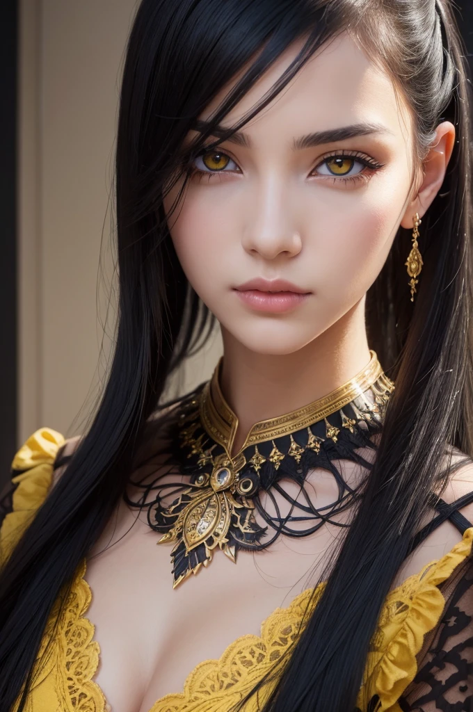 ((best qualityer)), ((work of art)), (detailded), 1 woman with black hair, and yellow eyes 