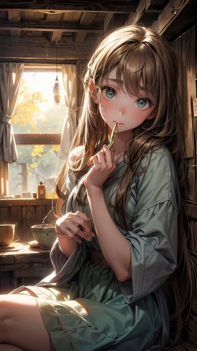 Anya, a 16-year-old girl with long brown hair and green eyes, sits on a dusty wooden floor in a dimly lit attic. Her hand pauses on a particular photo, her eyes wide with shock and her mouth open in a silent gasp. The background is filled with scattered faded family portraits.