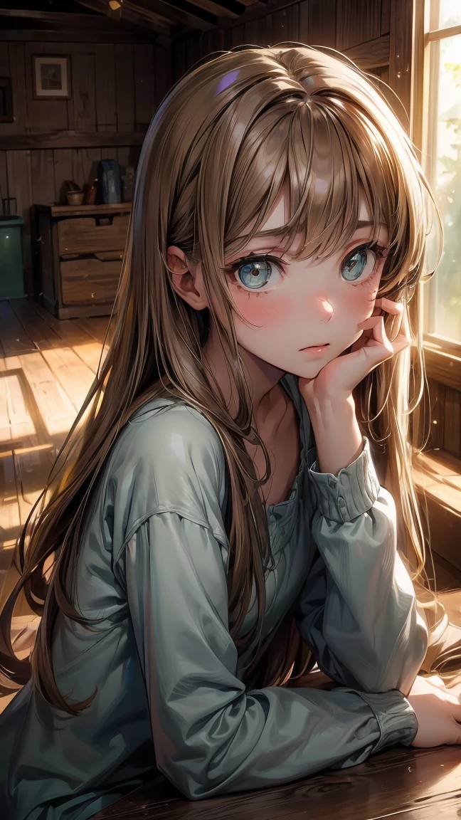 Anya, a 16-year-old girl with long brown hair and green eyes, sits on a dusty wooden floor in a dimly lit attic. Her hand pauses on a particular photo, her eyes wide with shock and her mouth open in a silent gasp. The background is filled with scattered faded family portraits.