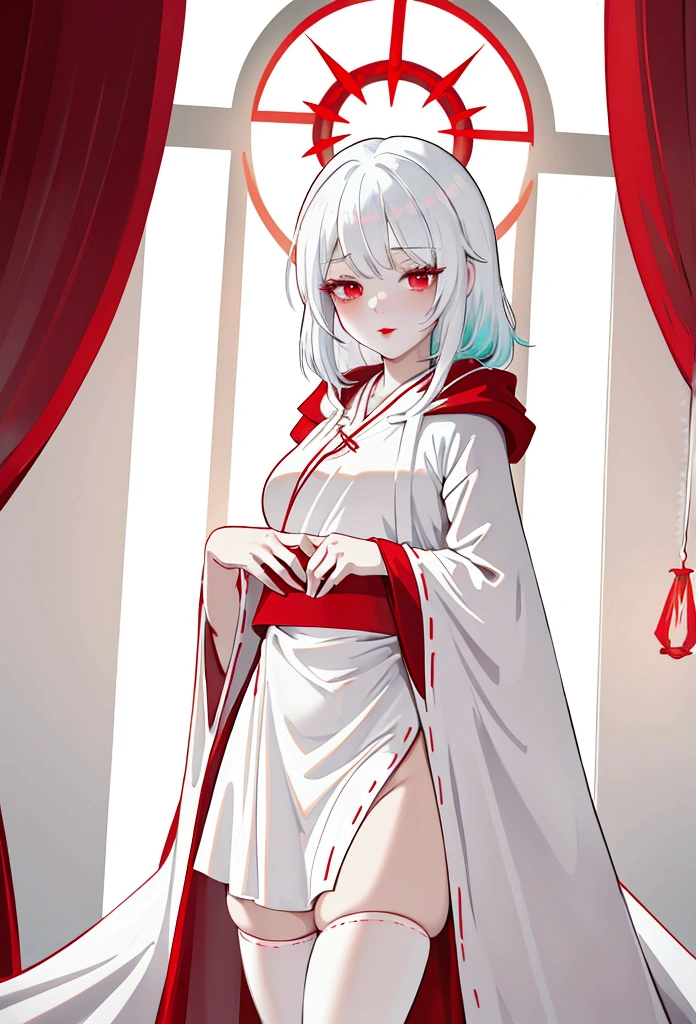 My little pony, (anthro), turquoise to white hair gradient, white body, red eyes, medium breasts, red lips, perfect lines, beautiful quality, room, very shy, ((Mage robe)), radiant light, red stockings, white panties