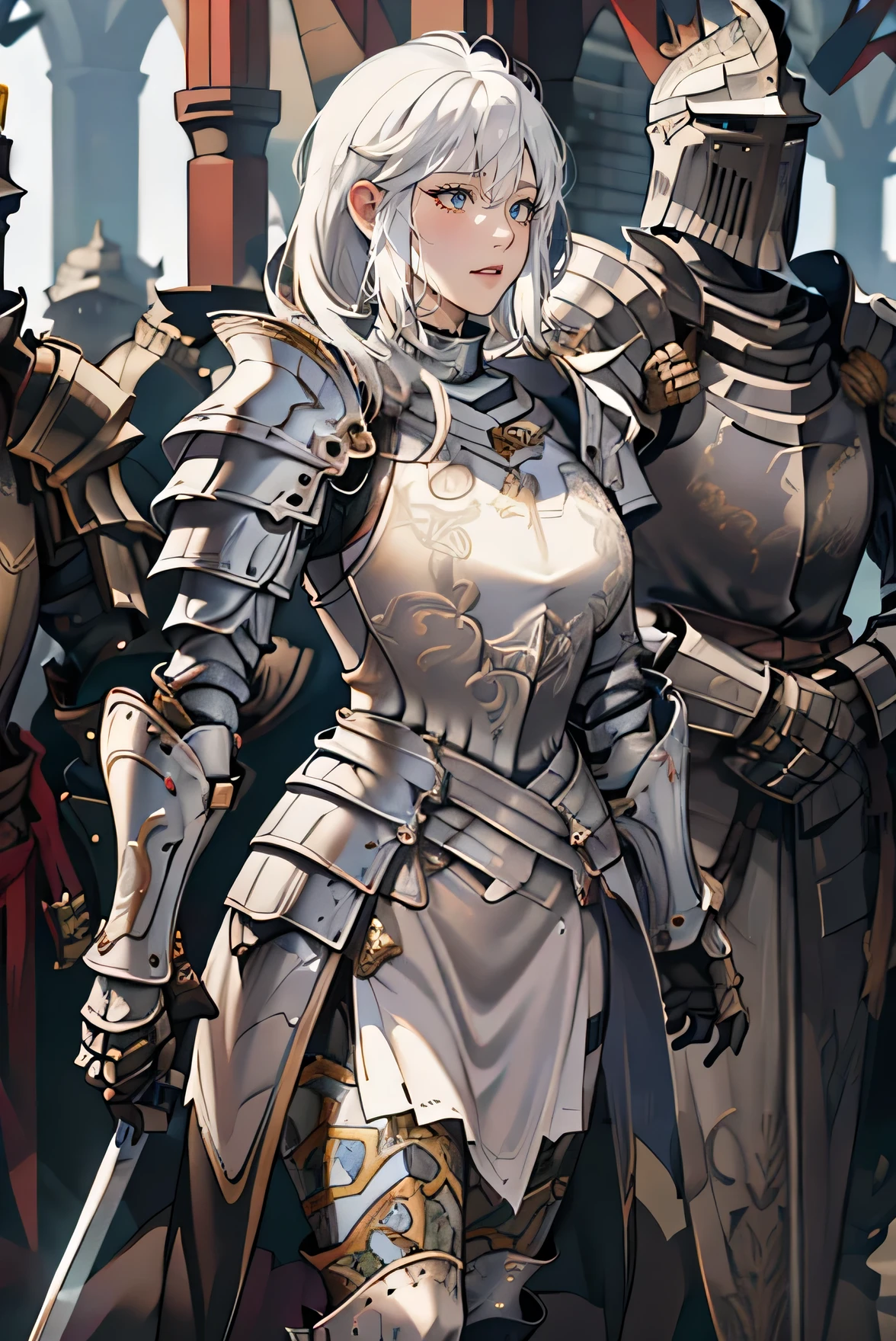 Women in their 20s、1 person、White hair, yellow eyes, a close-up of a woman in armor holding a sword, girl in armor, female rider, large full breasts、Full Armor, Full Armor, beautiful female paladin, female rider, of a beautiful knight, beautiful armor, fatter、Full Armor, Armor display, Beautiful full body armor, Dazzling armor, trends on artstation pixiv, beautiful knight、at the forest、lake