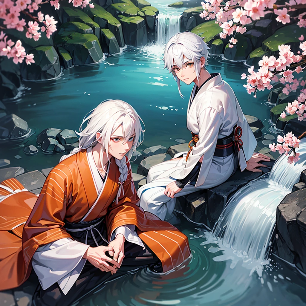 Make a 49 year old Samurai with white and dark blue striped hair and orange eyes sitting talking to a 28 year old boy with white hair and green eyes wearing a white kimono in front of a Japanese house surrounded by sakura with a waterfall in the background toned dark and medieval style