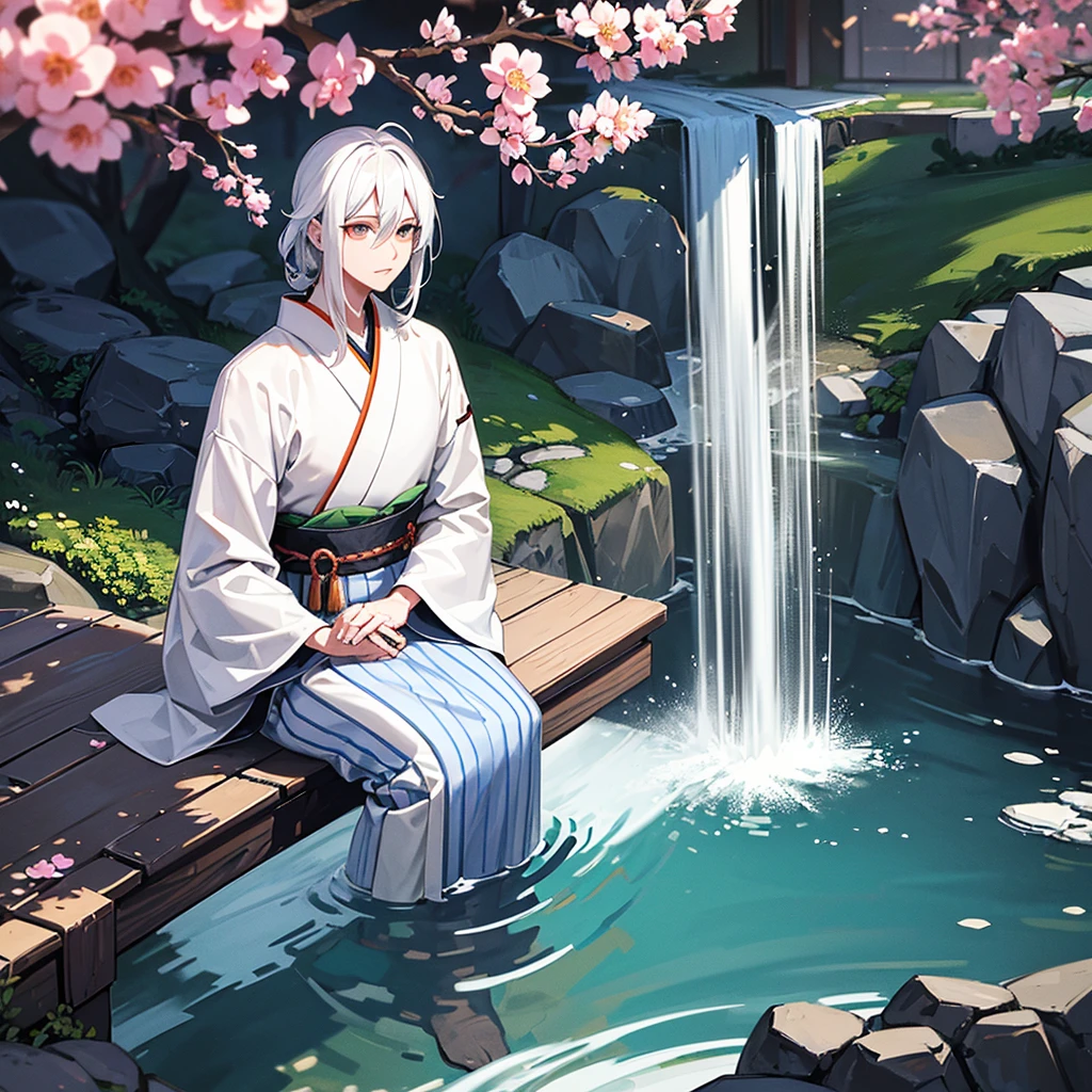 Make a 49 year old Samurai with white and dark blue striped hair and orange eyes sitting talking to a 28 year old boy with white hair and green eyes wearing a white kimono in front of a Japanese house surrounded by sakura with a waterfall in the background toned dark and medieval style
