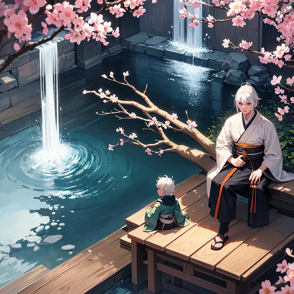 Make a 49 year old Samurai with white and dark blue striped hair and orange eyes sitting talking to a 28 year old boy with white hair and green eyes wearing a white kimono in front of a Japanese house surrounded by sakura with a waterfall in the background toned dark and medieval style