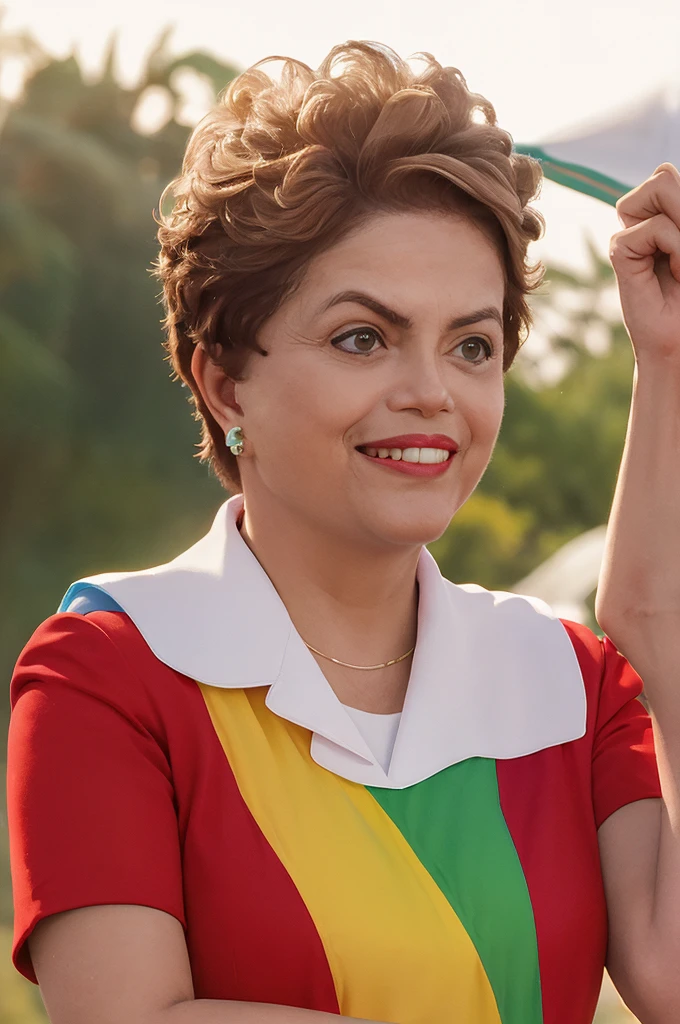 1 girl, realistic photo president of (dilm4), captivating smile, Super hero, dress, clear sky with rainbow, red uniform, Brazilian flag, brown hair, (best quality), absurd, realistic, cinematic lighting, light of the day, outdoors, professional photo, Hasselblad 50mm Lens